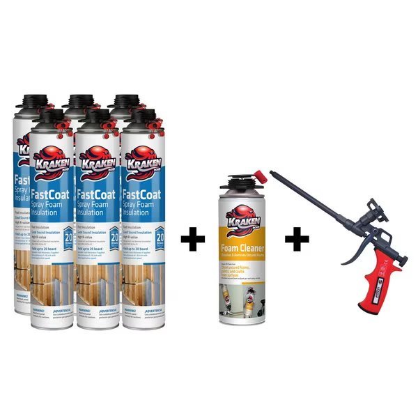 Krakenbond FastCoat Insulation Foam Spray, 27.1 oz, 6 Gun Use Cans, 1 Spray Foam Cleaner, 1 Spray Foam Gun, 8PK, Krakenbond, Mfr#: 6FC1FGC1SG